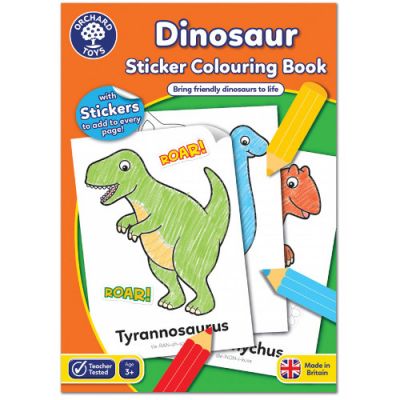 Carte de Colorat Orchard Toys cu Activitati in Limba Engleza si Abtibilduri Dinozaur