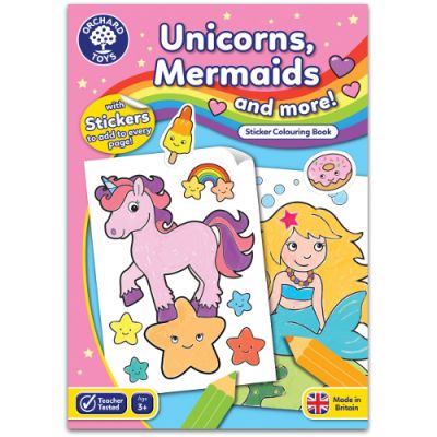 Carte de Colorat Orchard Toys cu Activitati in Limba Engleza si Abtibilduri Unicorni, Sirene si Altele