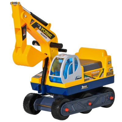 HOMCOM Buldozer Jucarie cu Excavator Manual Scaun Rotativ si Casca, Jucarie prevazuta cu Loc, Copii 2-3 ani, 77x26x55cm, Galben