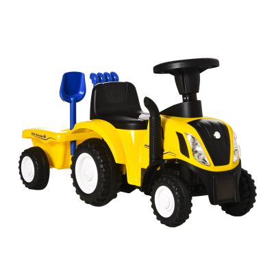 HOMCOM Tractor pentru Copii Prevazut cu Loc cu Remorca, Grebla si Lopata, Joc Educativ pentru Copii 12-36 Luni, 91x29x44cm, Galben