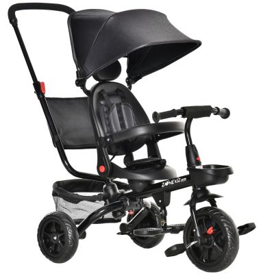 HOMCOM Tricicleta cu Maner Carucior Pliabil pentru Copii 1-5 Ani,  Copertina si Bara Detasabile, 111.5x52x98cm, Negru