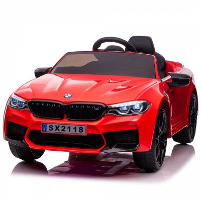 Masinuta electrica copii Bmw M5 Competition, roti moi, scaun tapitat, music player, 12V, 90W, premium, rosie