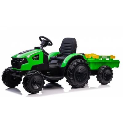 Tractoras electric + remorca Kinderauto 720-T 90W 12V cu roti moi, Verde