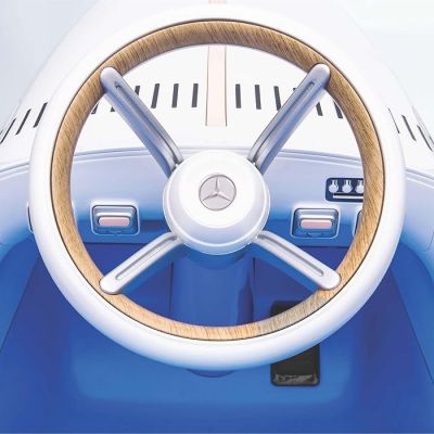 Masinuta electrica pentru copii RC Mercedes Benz Oldie 12V albalbastru 90W cu telecomanda, roti Eva, muzica si lumini