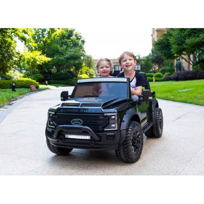 Masinuta electrica pentru copii 2-7 ani cu 2 locuri Ford Super Duty 4x4 180W roti moi, scaun tapitat reglabil, Telecomanda 2.4GHz, Bluetooth, Radio FM, faruri si stop cu lumini LED (2088) Negru