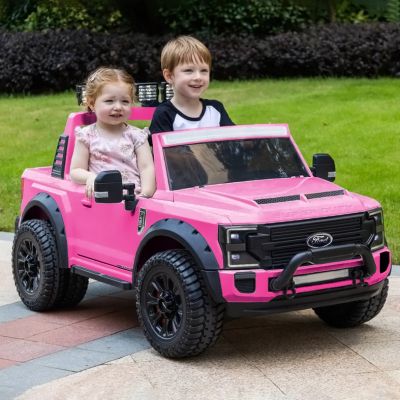 Masinuta electrica pentru copii 2-7 ani cu 2 locuri Ford Super Duty 4x4 180W roti moi, scaun tapitat reglabil, Telecomanda 2.4GHz, Bluetooth, Radio FM, faruri si stop cu lumini LED (2088) Roz