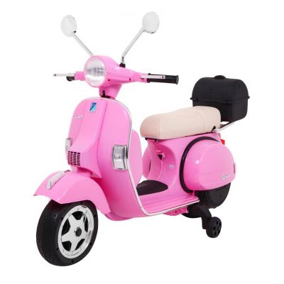 Motocicleta electrica pentru copii 3-6 ani Scuter Vespa 12V 70W roti moi si roti ajutatoare, scaun tapitat, pornire cu cheie, Bluetooth lumini LED Roz