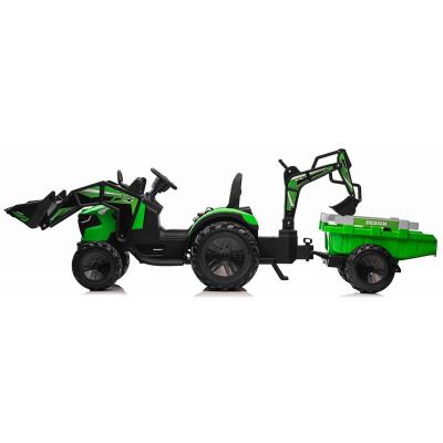 Tractor excavator electric pentru copii 3-8 ani cu remorca XXL Lux 720-T, 12V 90W, roti moi, scaun tapitat, Telecomanda 2.4GHz, Bluetooth (2068) Verde