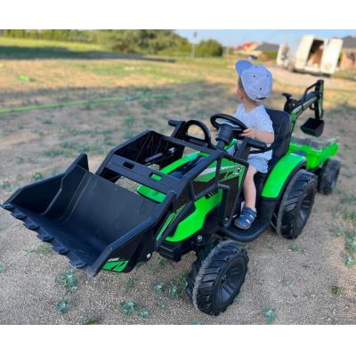 Tractor excavator electric pentru copii cu remorca XXL Lux 720-T (2068) Verde - Autokids.ro