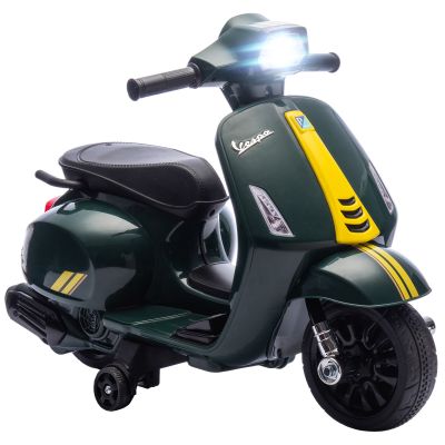 AIYAPLAY Motocicletă Electrică pentru Copii cu Licență Vespa, Baterie Reîncărcabilă 6V, Roți Laterale și Lumini, Vârsta 2-6 Ani, Verde Închis | Aosom Romania