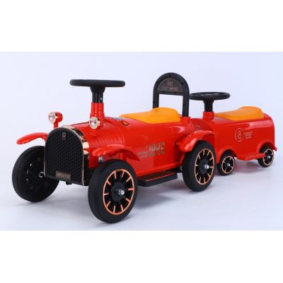 Masinuta electrica de epoca pentru copii Nichiduta Modern Classic Red 12V cu Vagon pentru al doilea copil, 2 motoare, Spatar inalt, Roti din plastic rezistent, Faruri cu lumini LED, Pornire la buton, Pedala de acceleratie