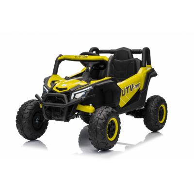 Masinuta electrica pentru copii Buggy Madman UTV-MX Yellow, 4 motoare 35W, baterie 12V10Ah, telecomanda 2.4 GHz, roti spuma EVA 24x10 cm, sarcina maxima 30 kg, scaun piele ecologica, deschidere usi, MP3, USB, Bluetooth