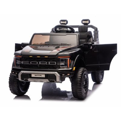 Masinuta electrica pentru copii Ford Raptor F-150 Black cu licenta,acumulator 24V,telecomanda 2.4G,faruri si stopuri led,muzica,2 motoare,deschidere usi,slow start,spatiu de depozitare