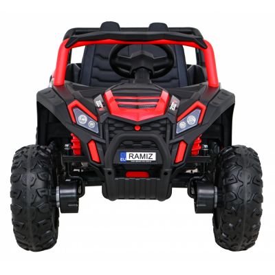 Masinuta electrica pentru copii UTV 2000M Racing Red, cu 4 motoare de 45W, baterie 12V10A, telecomanda de 2.4 GHz, cu 3 viteze, roti EVA, lumini LED frontale, panou audio integrat MP3, USB, cu deschidere usi