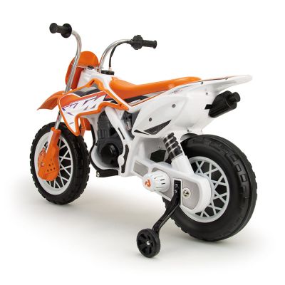 Motocross electric pentru copii Injusa licenta KTM Portocaliu Alb 12V, roti stabilizatoare, baterie si incarcator incluse, 3 ani+