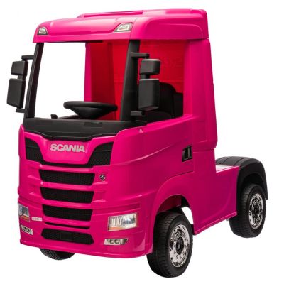 SCANIA R-SERIES, camion electric pentru copii, tractiune 4x4, 180W, 12V 14Ah, roti moi, scaun tapitat, echipare Premium, roz