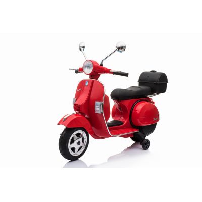 Scuter electric pentru copii 3-6 ani Vespa 12V 70W cu roti moi si roti ajutatoare, scaun tapitat, pornire cu cheie, Bluetooth, lumini LED (PX150) Rosu