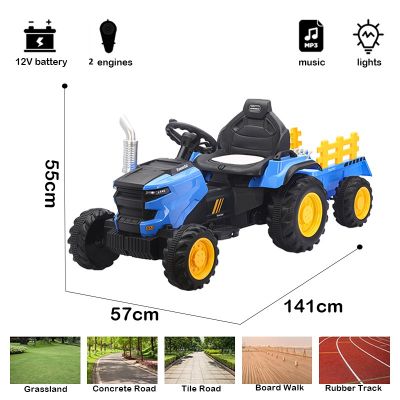 Tractor electric cu remorca Nichiduta Powerful Blue,acumulator 12V,roti late si rezistente,faruri cu lumini LED,spatar inalt,aspect realistic,unitate audio cu usb
