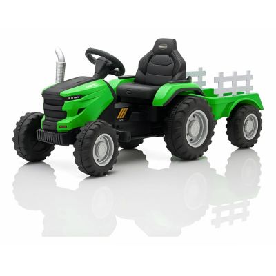 Tractor electric cu remorca Nichiduta Powerful Green,acumulator 12V,roti late si rezistente,faruri cu lumini LED,spatar inalt,aspect realistic