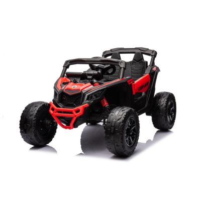 UTV electric pentru copii 2-5 ani Can-Am Maverick 800W 24V 4x4, cu roti moi, scaun tapitat, Telecomanda 2.4 GHz, faruri si stop cu lumini LED, Bluetooth, Radio FM (CA003) Rosu