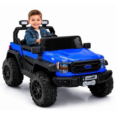 Masinuta electrica pentru copii 22F Blue, baterie 12V 10Ah, tractiune integrala 4 motoare x 45W, telecomanda 2.4G, roti EVA, scaun piele, bluetooth, USB, card microSD si MP3, faruri LED, 131 x 84 x 88 cm