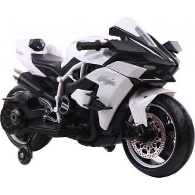 Motocicleta electrica pentru copii Novokids Ninja Premium Motocross Alb, viteza din maner, maxim 30 kg, melodii si lumini Led, bluetooth, roti ajutatoare