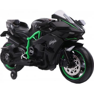 Motocicleta electrica pentru copii Novokids Ninja Premium Motocross Negru-Verde, viteza din maner, maxim 30 kg, melodii si lumini Led, bluetooth, roti ajutatoare