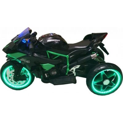 Motocicleta electrica pentru copii Novokids Ninja Trio Motocross Negru-Verde, maxim 30 kg, melodii si lumini Led, bluetooth, 3 roti