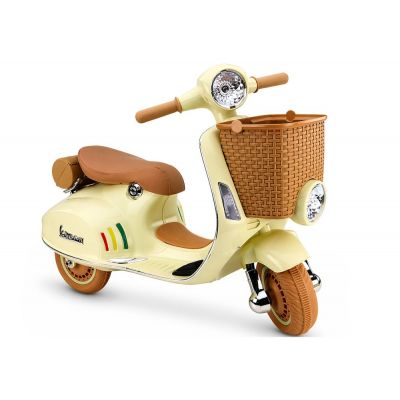 Scooter electric pentru copii Vespa XW-03 Beige, design Retro autentic si elegant, scaun piele, motor 2 x 35W, acumulator 12V  4.5Ah, faruri LED, panou audio integrat cu USB, MP3, 83 x 40 x 62 cm