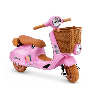 Scooter electric pentru copii Vespa XW-03 Pink, design Retro autentic si elegant, scaun piele, motor 2 x 35W, acumulator 12V  4.5Ah, faruri LED, panou audio integrat cu USB, MP3, 83 x 40 x 62 cm