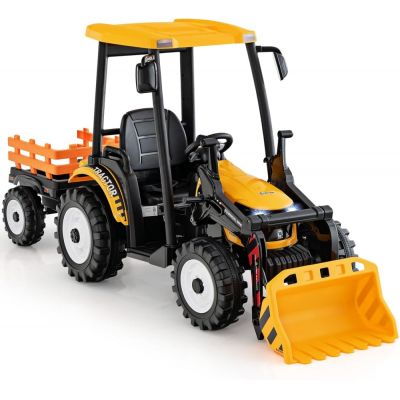 Tractoras electric copii cu remorca si cupa, Power-Tractor 400W 24V, culoare galbena